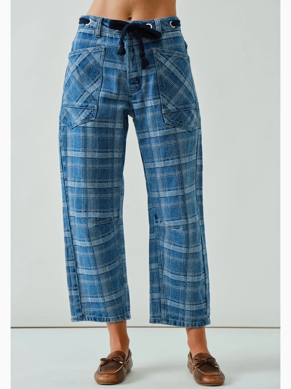 Böhme Judy Plaid Barrel Jeans Womens Medium High Rise Patchwork Cropped NEW